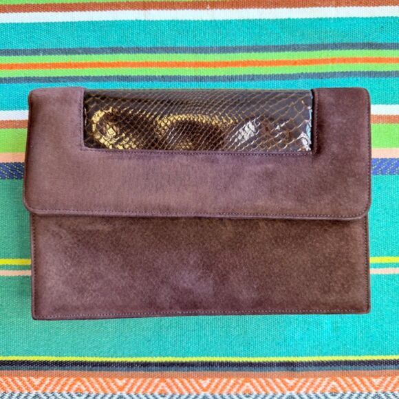 Vintage Block Brown Suede and Faux Reptile Clutch with Matching Shoulder Strap - Picture 1 of 16